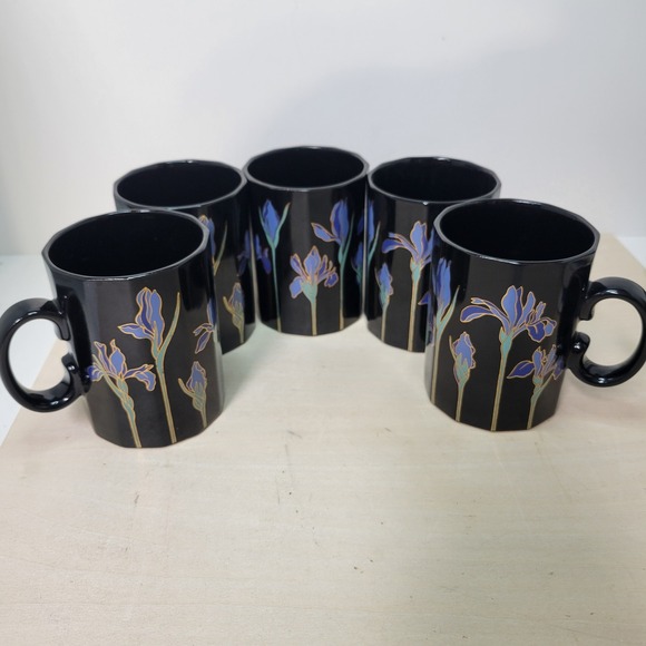 Otagiri Other - Otagiri Blue Iris Coffee Mugs‎ Set of 5 Black Floral Japan Vintage